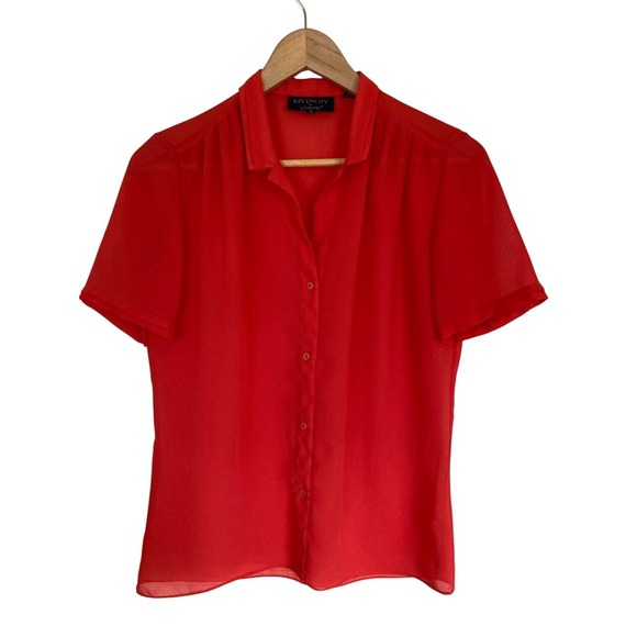 Givenchy Tops - Vtg Givenchy for Chesa Red Short Sleeve‎ Button-Down Blouse Size 6 Classic Sheer